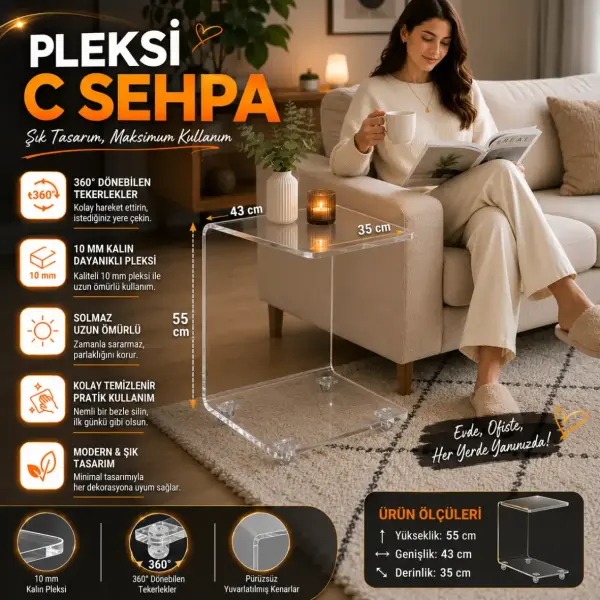 Pleksi C Sehpa Tekerlekli Şeffaf
