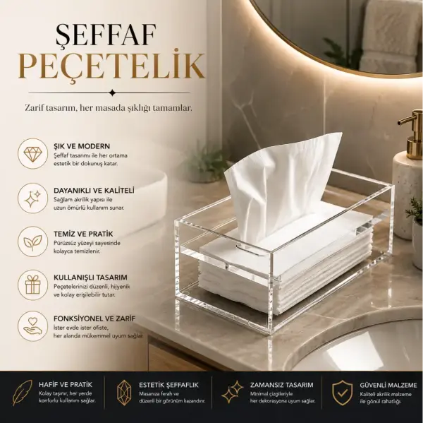 Şeffaf Pleksi Peçetelik Akrilik Masaüstü Peçete Kutusu
