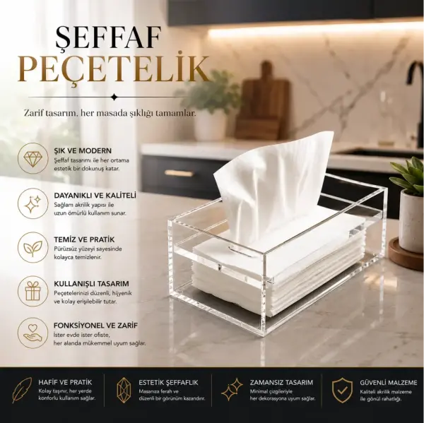 Şeffaf Pleksi Peçetelik Akrilik Masaüstü Peçete Kutusu