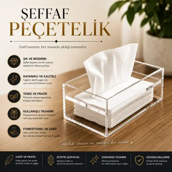 Şeffaf Pleksi Peçetelik Akrilik Masaüstü Peçete Kutusu