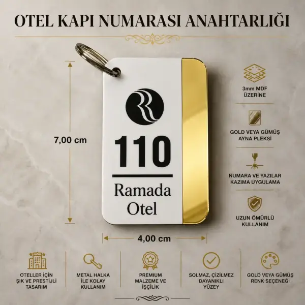 Otel Kapı Numarası Anahtarlığı Aynalı Pleksi