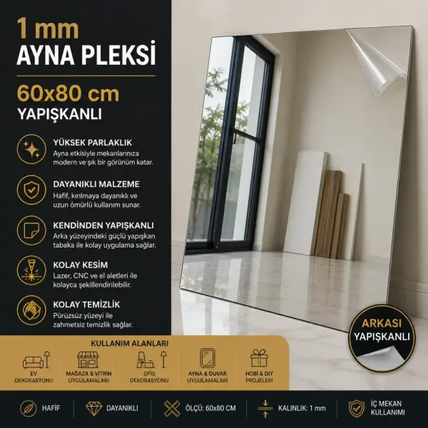 1 mm Ayna Pleksi 60x80 cm Yapışkanlı